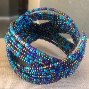 EUC Blue and Gold Seed Bead Statement Bracelet